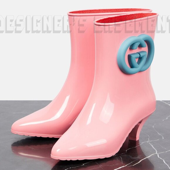 GUCCI 38 pink GENE blue Interlocking G logo rubber ankle RAINBOOT Booties 724458 - Picture 9 of 10